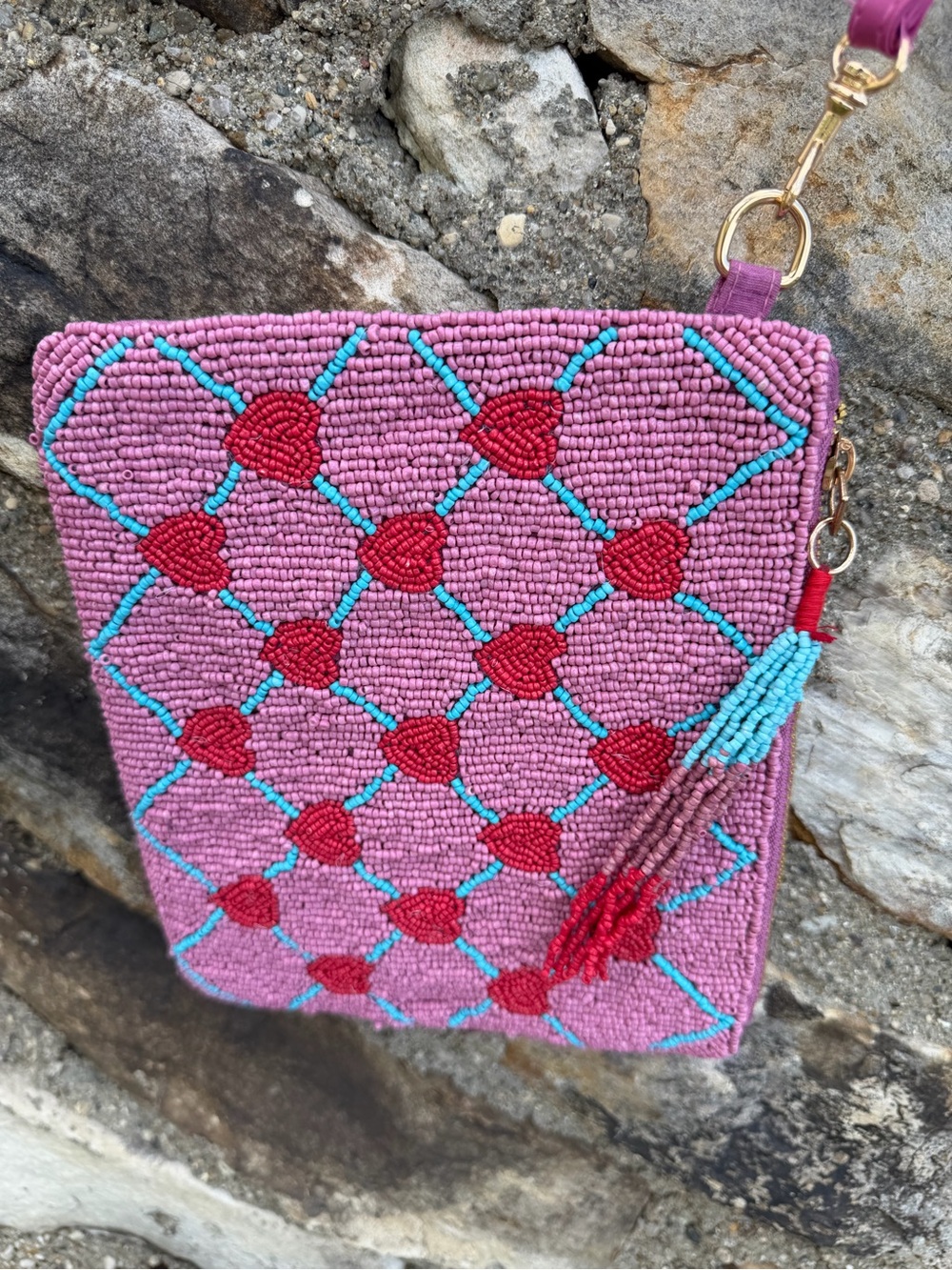 Pink Beaded Heart Wristlet Clutch with Tassel Sincerely Jules - Picture 2 of 2